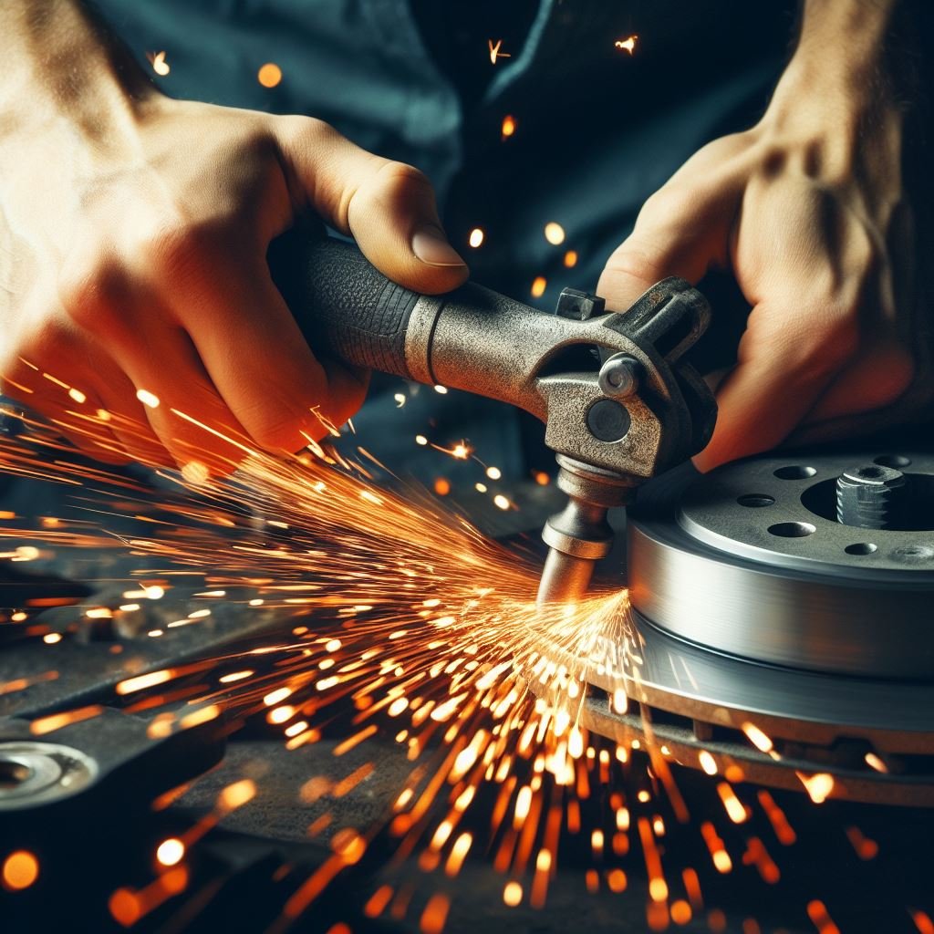 A close-up image of a person's hands using a brake rotor resurfacing tool on a warped rotor. The sparks from the tool add a sense of action and urgency to the image.