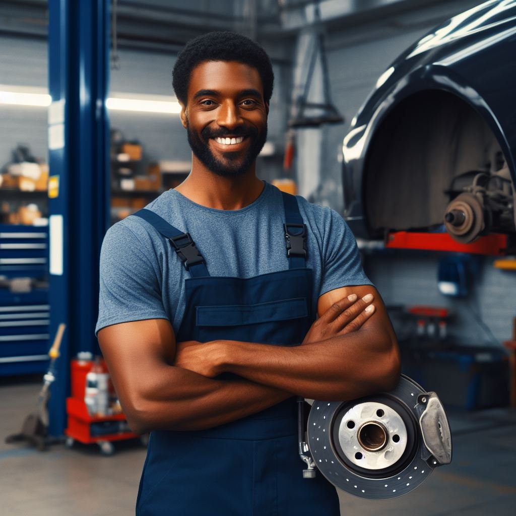 A mechanic wearing a friendly smile, confidently holding a warped rotor while standing in front of a car on a lift in a well-lit garage. In the background, tools and equipment are neatly organized, showcasing the professionalism and expertise of the mechanic. Suggested Color Palette: Shades of blue and gray with pops of red and yellow for a traditional garage aesthetic.