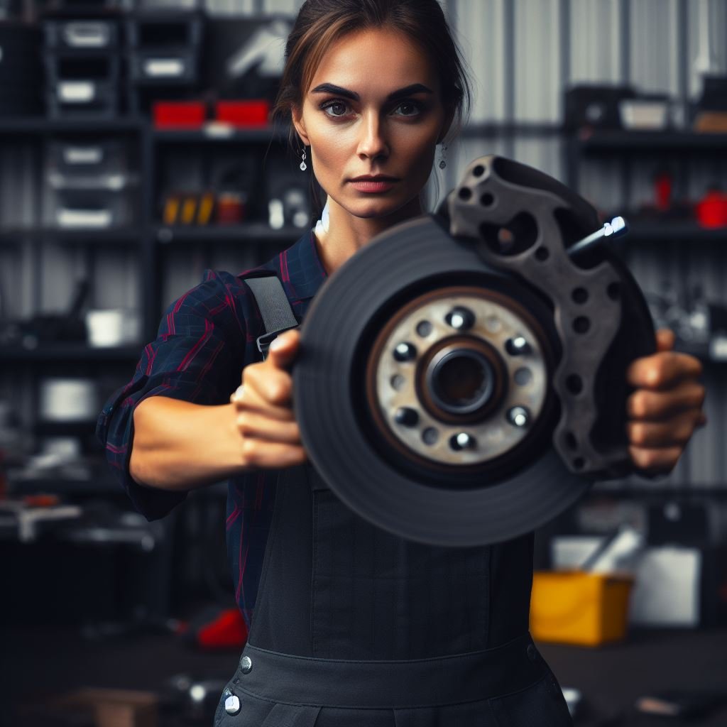 A close-up image of a mechanic's hands holding a warped brake rotor, with a determined expression on their face. The background shows a garage setting with various tools and equipment scattered around. Suggested Color Palette: Shades of grey and black with pops of vibrant red and yellow.