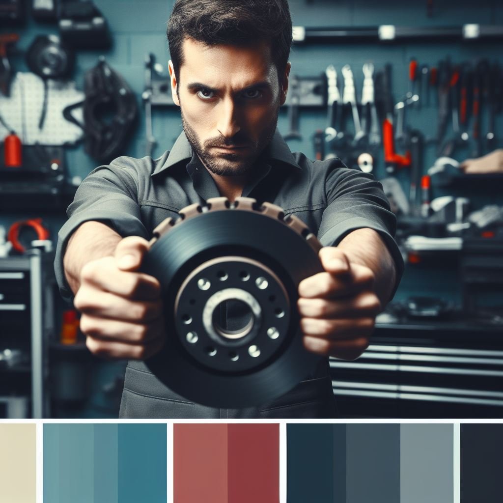 A close-up image of a mechanic's hands holding a warped brake rotor, with a determined expression on their face. The background shows a garage setting with various tools and equipment scattered around. Suggested Color Palette: Shades of grey and black with pops of vibrant red and yellow.