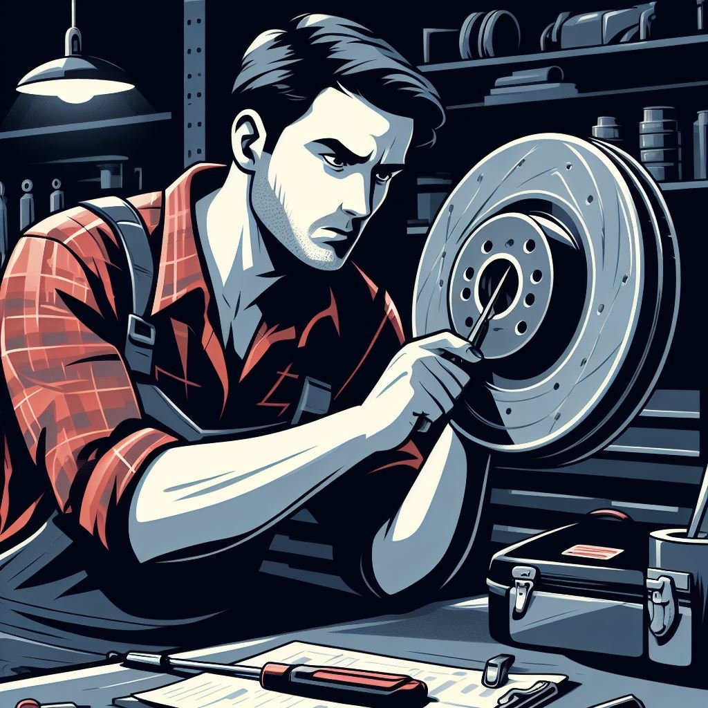 A mechanic inspecting a car's brake rotor for signs of warping, with various tools and equipment laid out on a workbench in the background. The mechanic's expression is focused and determined, showing their expertise in troubleshooting car issues. Suggested Color Palette: Bold reds and greys against a dark background, conveying a sense of urgency and technical skill.