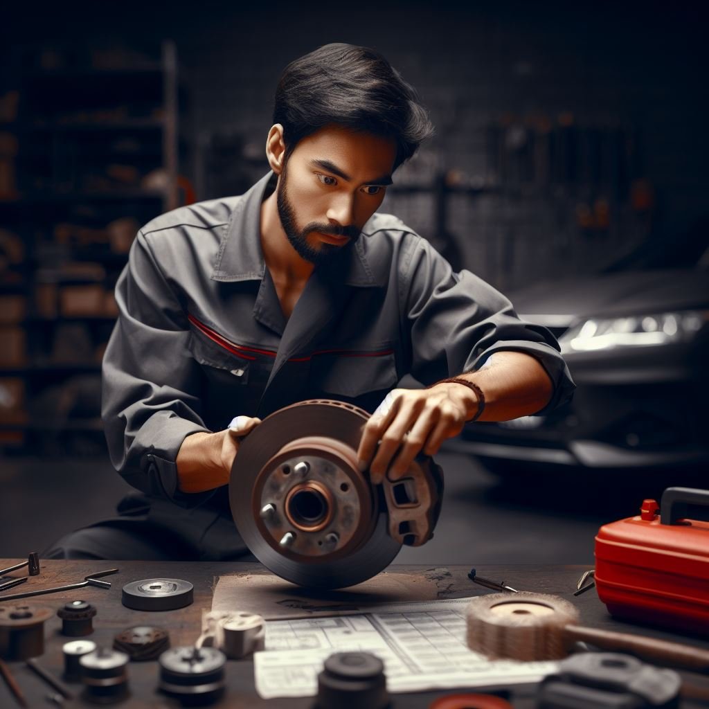 A mechanic inspecting a car's brake rotor for signs of warping, with various tools and equipment laid out on a workbench in the background. The mechanic's expression is focused and determined, showing their expertise in troubleshooting car issues. Suggested Color Palette: Bold reds and greys against a dark background, conveying a sense of urgency and technical skill.