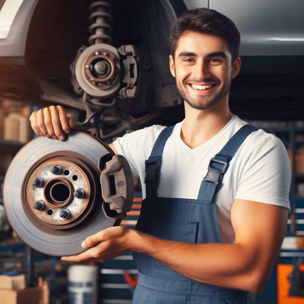 A mechanic working on a car's brakes, with a friendly smile on their face as they hold up a warped rotor. The garage is filled with tools and equipment, giving a sense of expertise and professionalism. Suggested color palette: shades of blue and gray against a warm, industrial background.