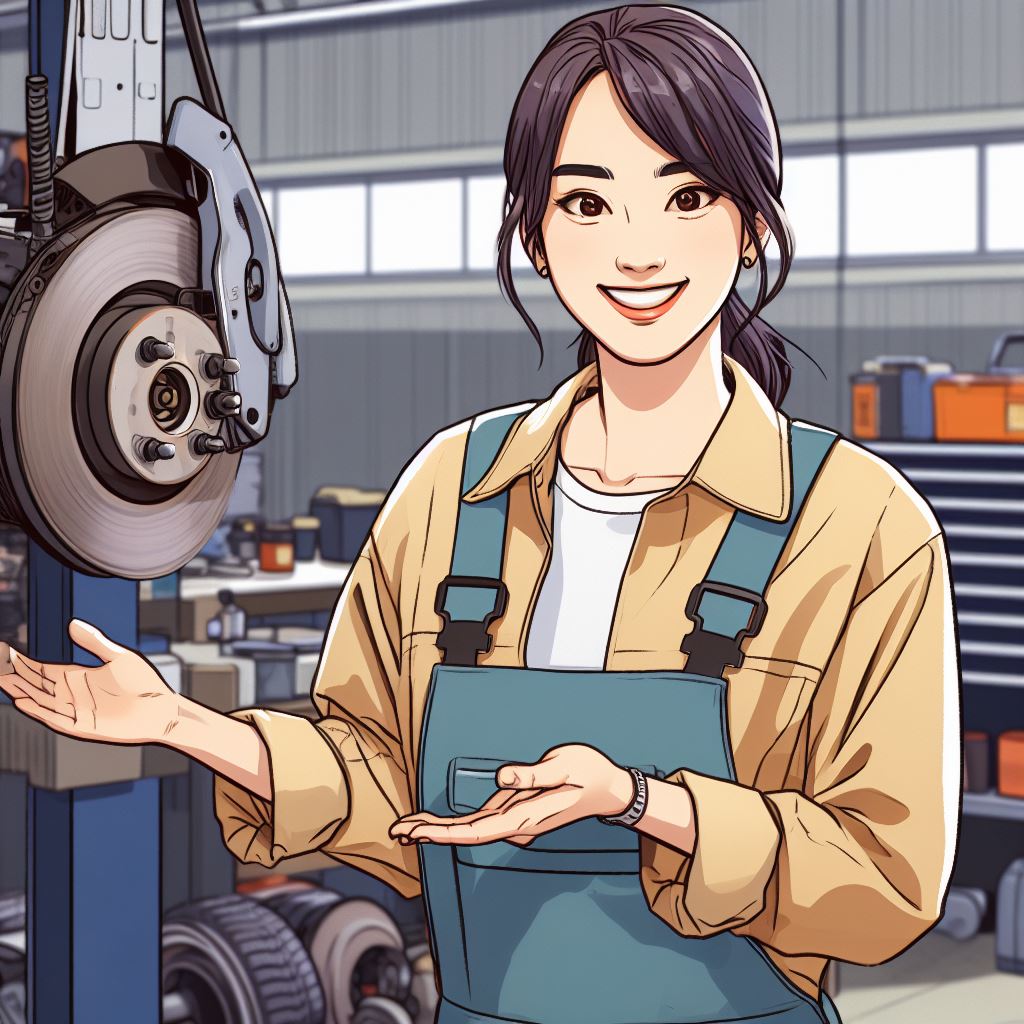 A mechanic wearing a friendly smile, demonstrating brake maintenance techniques to a customer. The workshop is well-lit and organized, with various tools and equipment in the background. Artistic style: Realistic with a touch of cartoonishness to convey approachability and helpfulness.